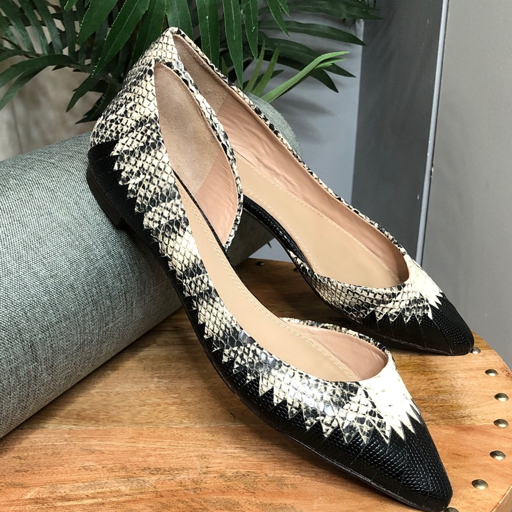 Tory Burch Black & Natural Snake-Print Pointed D'Orsay Flats - Picture 3 of 11